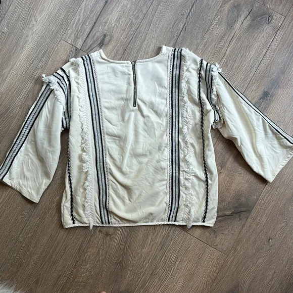 Anthropologie Eri & Ali Top Fringe Trim Black Cream Blouse Women Size Medium - Picture 8 of 12